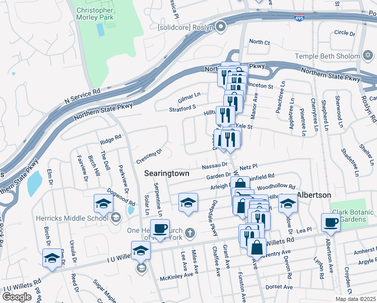 map of restaurants, bars, coffee shops, grocery stores, and more near 205 Hillturn Lane in Roslyn Heights