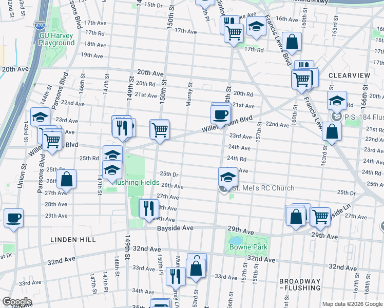 map of restaurants, bars, coffee shops, grocery stores, and more near 151-16 24th Road in Queens