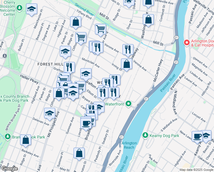 map of restaurants, bars, coffee shops, grocery stores, and more near 22 Halleck St in Newark