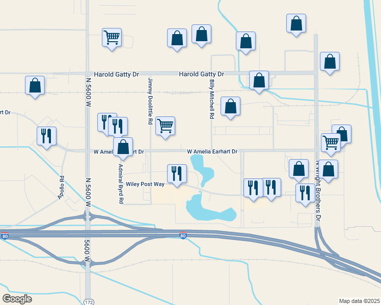map of restaurants, bars, coffee shops, grocery stores, and more near 5241 West Amelia Earhart Drive in Salt Lake City