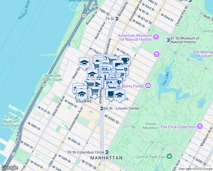 map of restaurants, bars, coffee shops, grocery stores, and more near 141 West 69th Street in New York