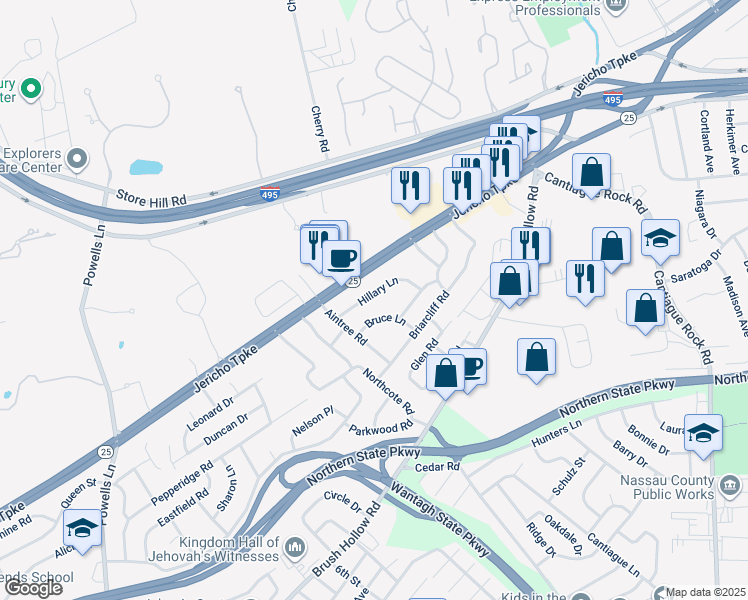 map of restaurants, bars, coffee shops, grocery stores, and more near 66 Hillary Lane in Westbury