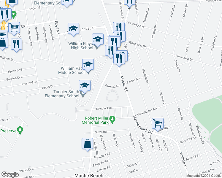 map of restaurants, bars, coffee shops, grocery stores, and more near 6 Fairfield Lane in Mastic Beach