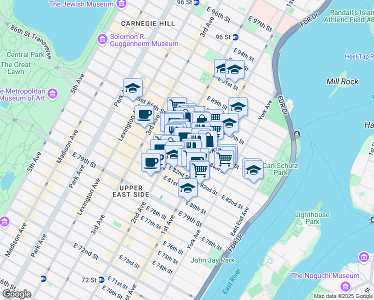 map of restaurants, bars, coffee shops, grocery stores, and more near 317 East 84th Street in New York
