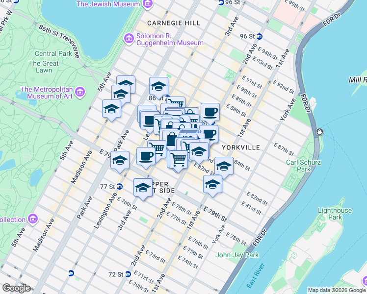 map of restaurants, bars, coffee shops, grocery stores, and more near 225 East 82nd Street in New York