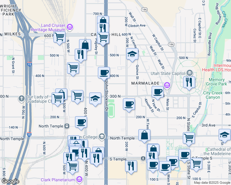 map of restaurants, bars, coffee shops, grocery stores, and more near 270 West 300 North in Salt Lake City