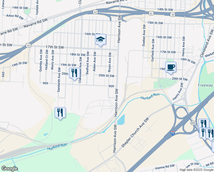 map of restaurants, bars, coffee shops, grocery stores, and more near 2103 Bryan Avenue Southwest in Canton