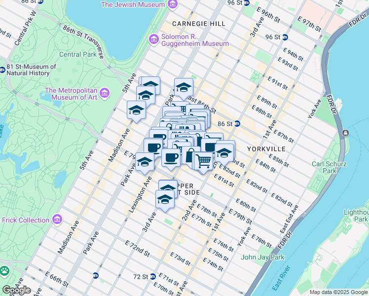 map of restaurants, bars, coffee shops, grocery stores, and more near 180 East 82nd Street in New York