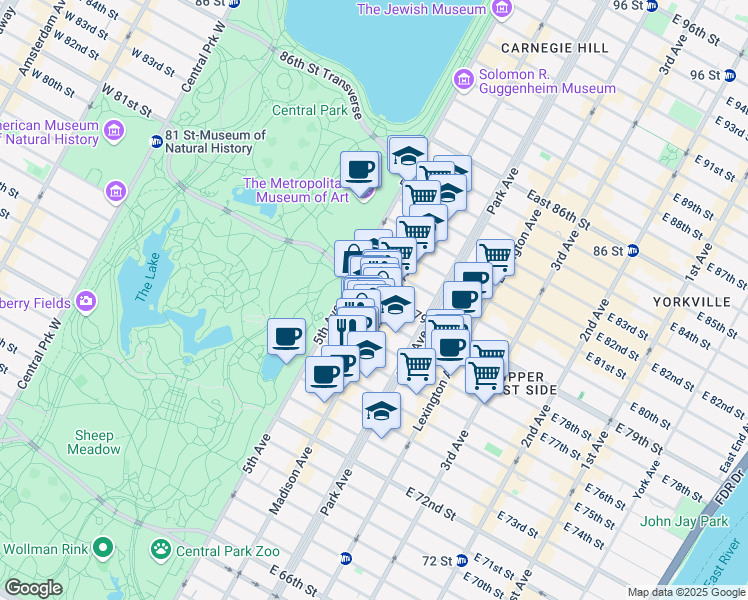 map of restaurants, bars, coffee shops, grocery stores, and more near 5A East 78th Street in New York