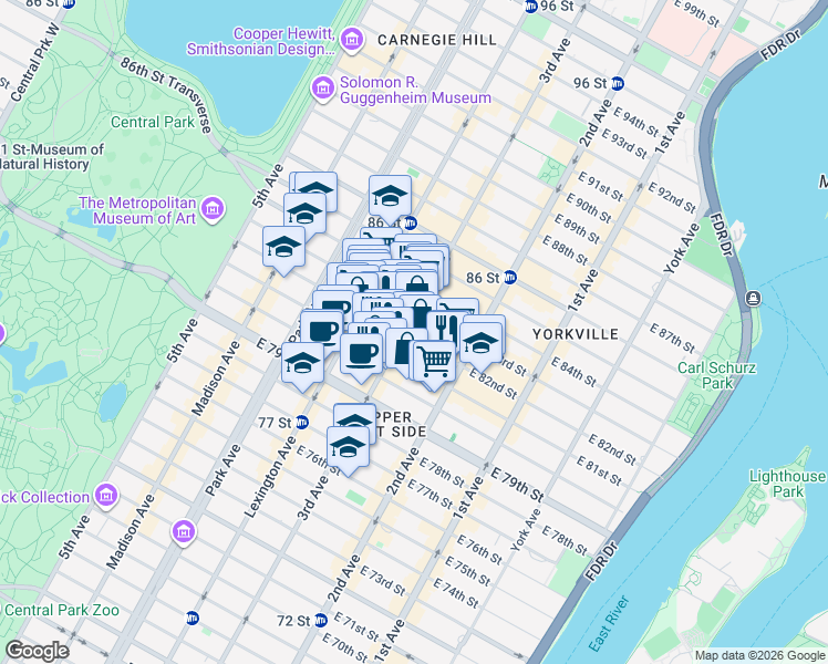 map of restaurants, bars, coffee shops, grocery stores, and more near 1455 3rd Avenue in New York