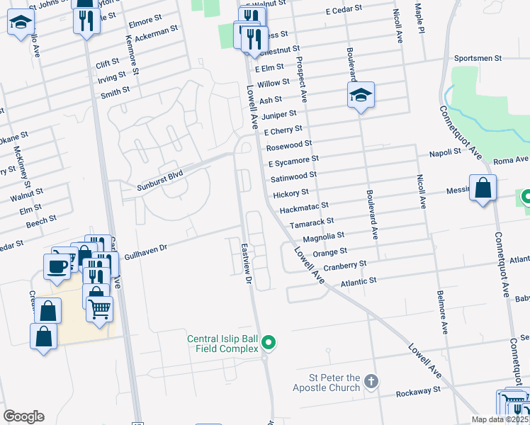 map of restaurants, bars, coffee shops, grocery stores, and more near 311 Medea Way in Central Islip