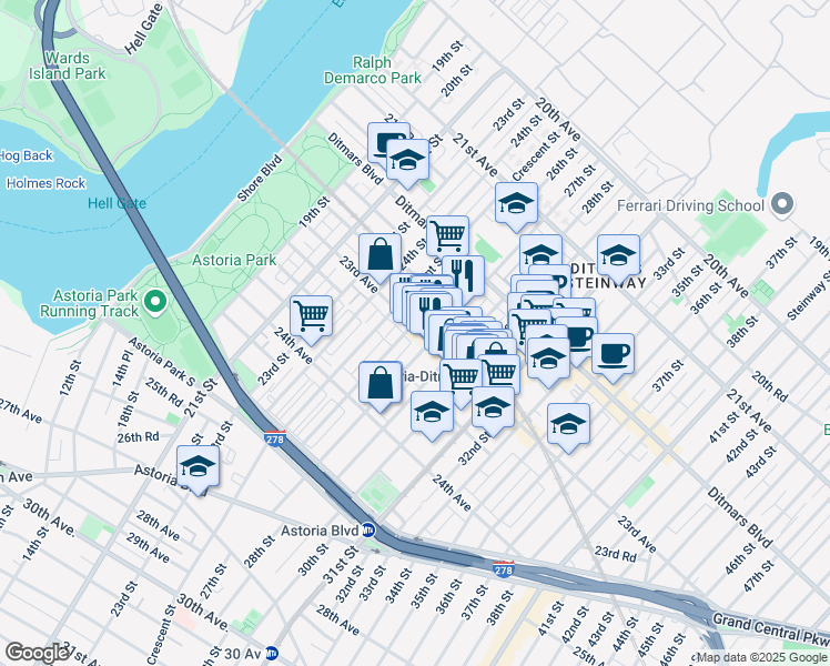map of restaurants, bars, coffee shops, grocery stores, and more near 2620 23rd Avenue in Queens