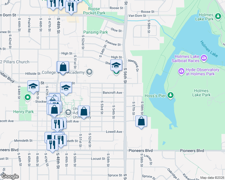 map of restaurants, bars, coffee shops, grocery stores, and more near 5334 Bancroft Avenue in Lincoln