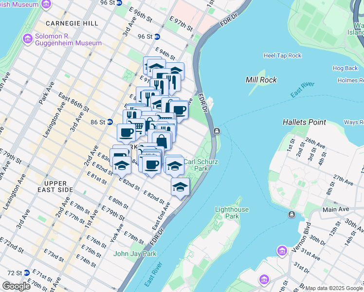 map of restaurants, bars, coffee shops, grocery stores, and more near 519 East 87th Street in New York