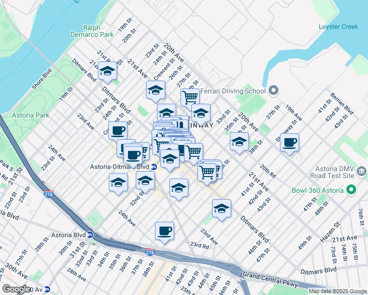 map of restaurants, bars, coffee shops, grocery stores, and more near 31-30 Ditmars Boulevard in Queens