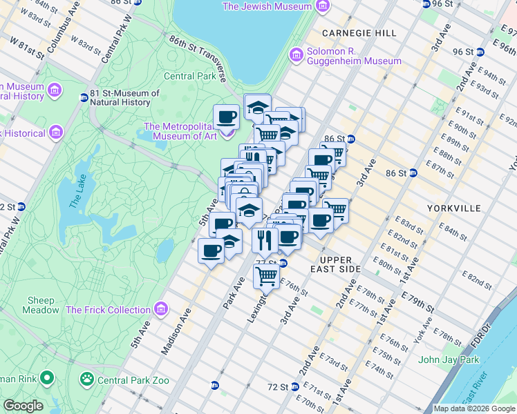 map of restaurants, bars, coffee shops, grocery stores, and more near 1045 Madison Avenue in New York