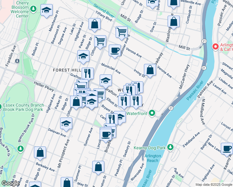 map of restaurants, bars, coffee shops, grocery stores, and more near 115 Grafton Avenue in Newark
