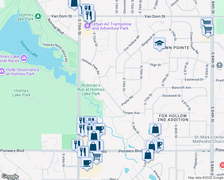 map of restaurants, bars, coffee shops, grocery stores, and more near 7300 Skyhawk Circle in Lincoln