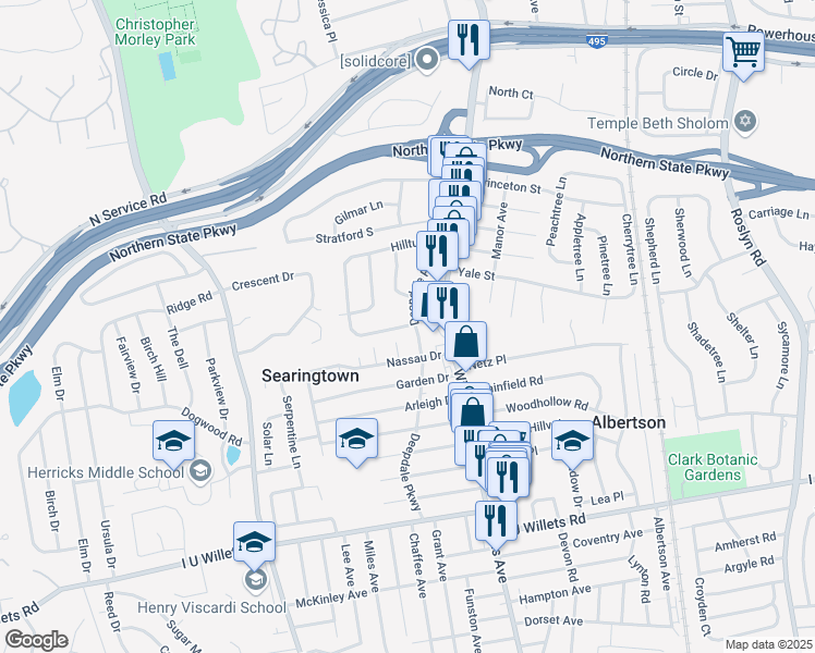 map of restaurants, bars, coffee shops, grocery stores, and more near 281 Hillturn Lane in Albertson