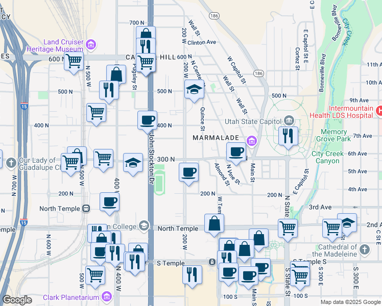 map of restaurants, bars, coffee shops, grocery stores, and more near 202 West 300 North in Salt Lake City