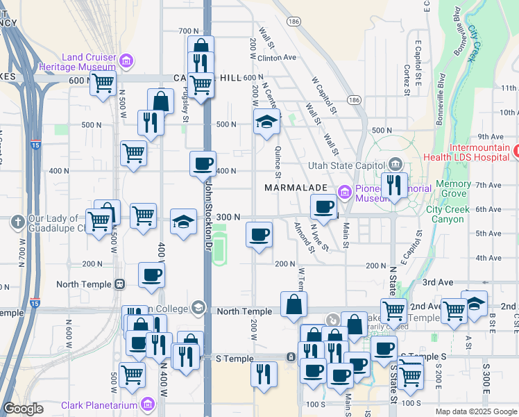 map of restaurants, bars, coffee shops, grocery stores, and more near 202 West 300 North in Salt Lake City