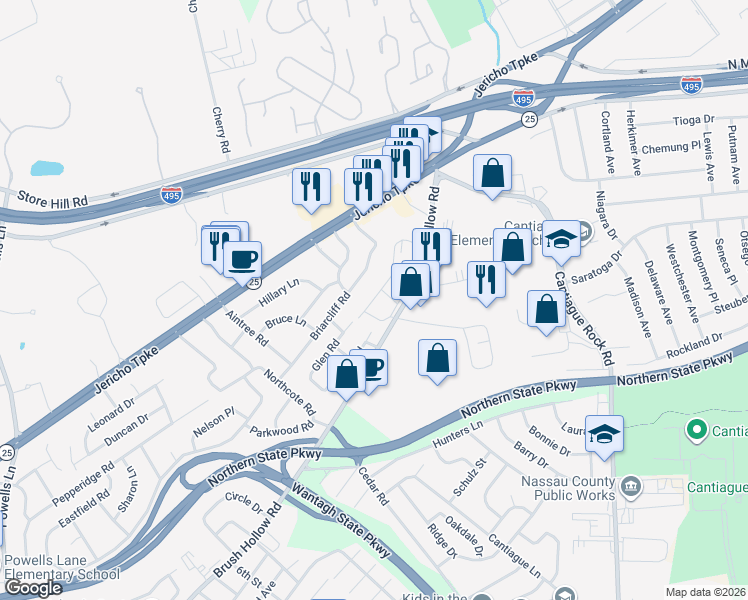 map of restaurants, bars, coffee shops, grocery stores, and more near 110 Westwood Drive in Westbury