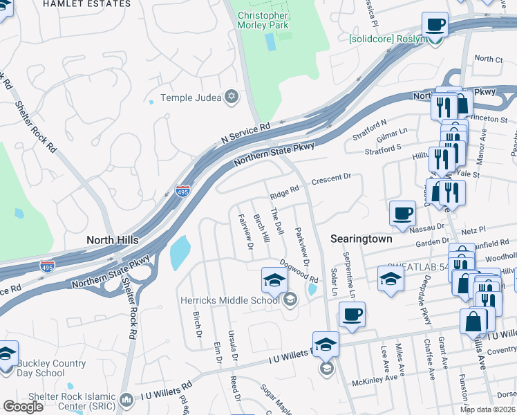 map of restaurants, bars, coffee shops, grocery stores, and more near 96 Birch Hill in Albertson