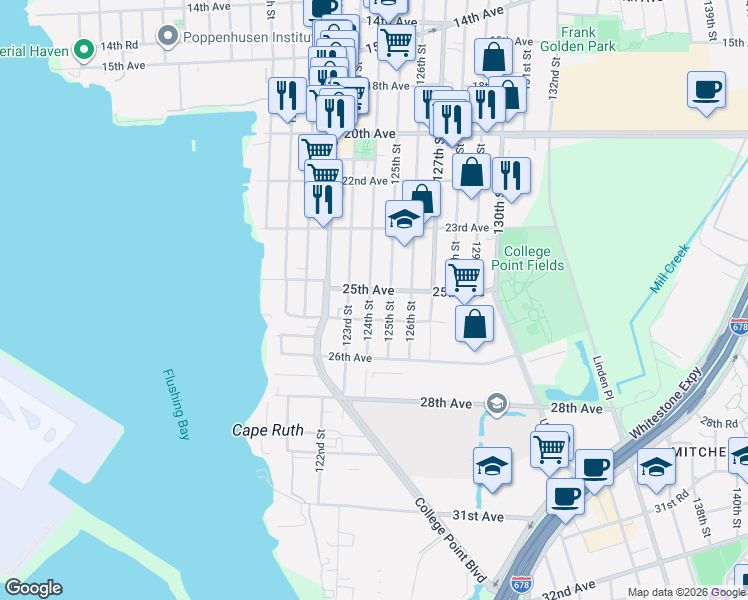 map of restaurants, bars, coffee shops, grocery stores, and more near 25-19 125th Street in Queens