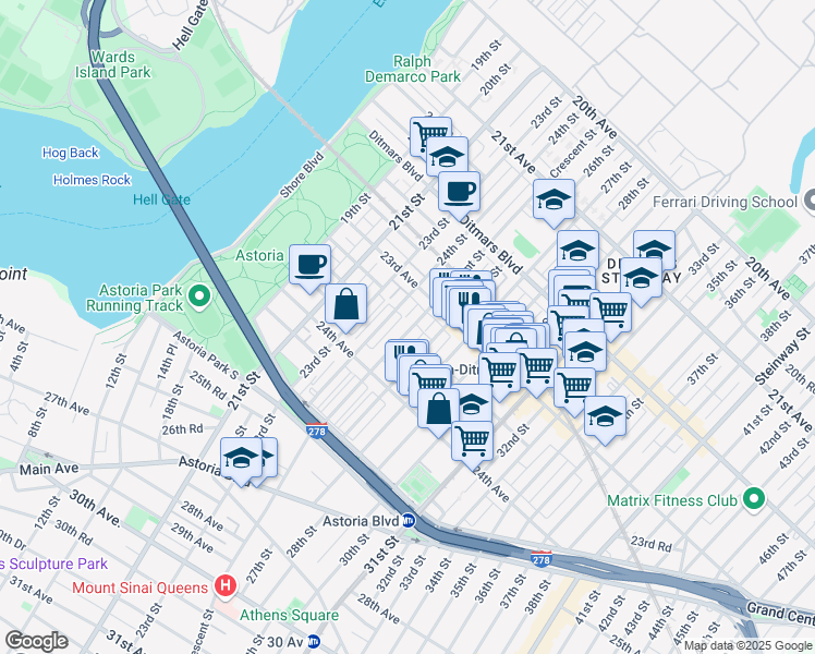 map of restaurants, bars, coffee shops, grocery stores, and more near 23-32 26th Street in Queens