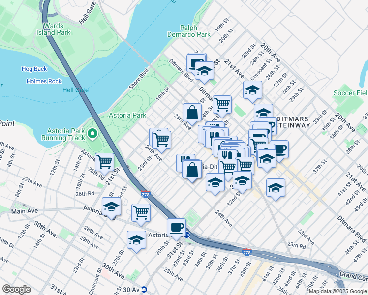map of restaurants, bars, coffee shops, grocery stores, and more near 23-57 24th Street in Queens