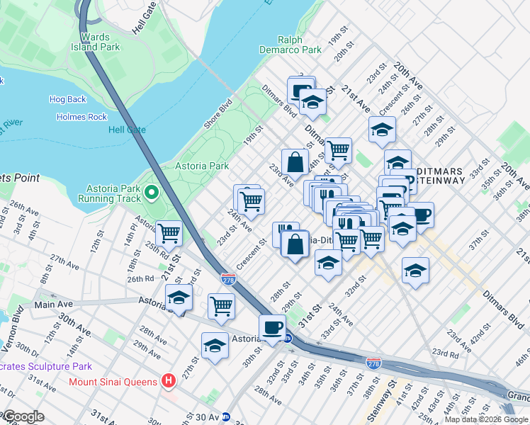 map of restaurants, bars, coffee shops, grocery stores, and more near 23-57 24th Street in Queens