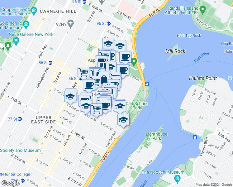 map of restaurants, bars, coffee shops, grocery stores, and more near in New York