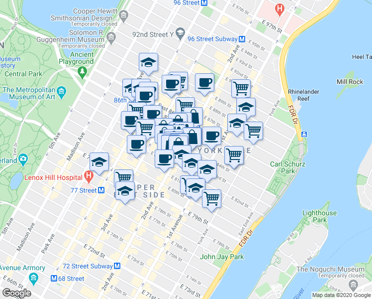 map of restaurants, bars, coffee shops, grocery stores, and more near 300-398 East 86th Street in New York