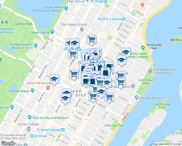 map of restaurants, bars, coffee shops, grocery stores, and more near 1583 2nd Avenue in New York