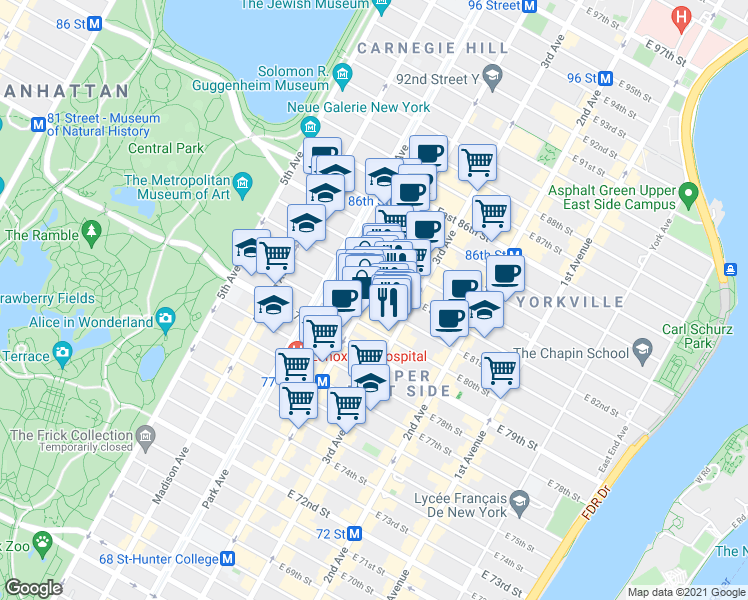 map of restaurants, bars, coffee shops, grocery stores, and more near in New York