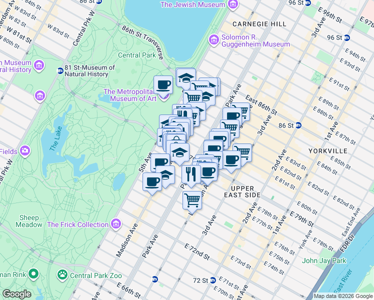 map of restaurants, bars, coffee shops, grocery stores, and more near 1045 Madison Avenue in New York