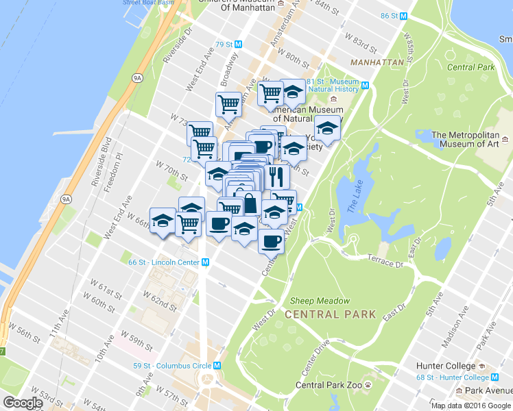 map of restaurants, bars, coffee shops, grocery stores, and more near 46 West 71st Street in New York