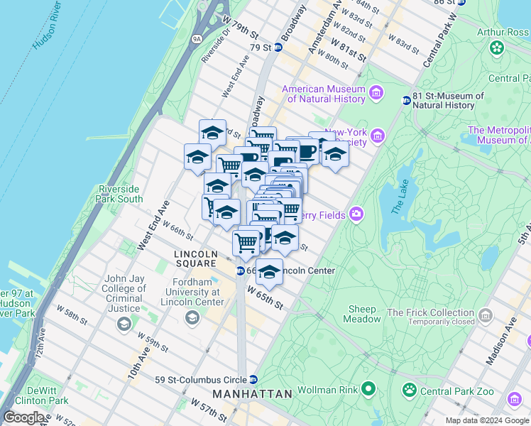 map of restaurants, bars, coffee shops, grocery stores, and more near 198 Columbus Avenue in New York