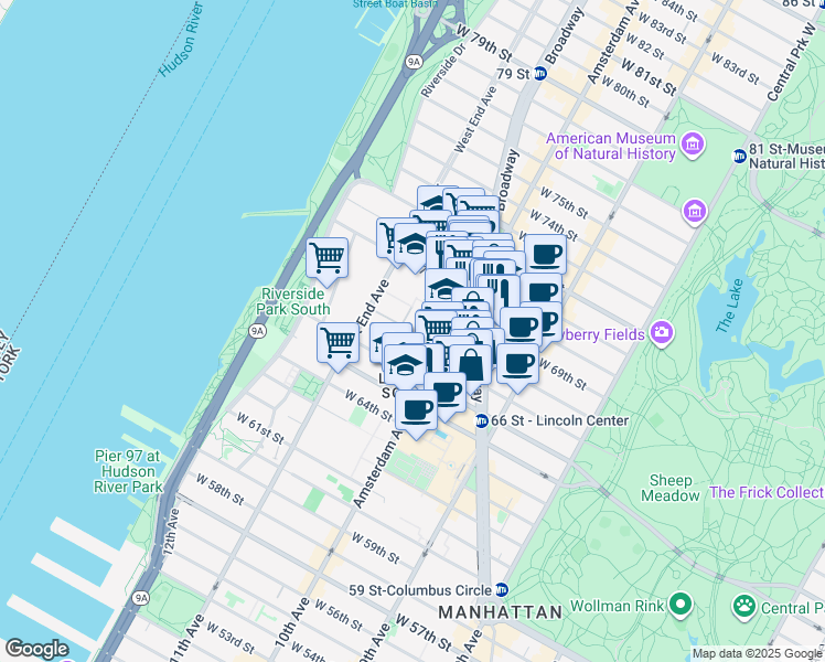 map of restaurants, bars, coffee shops, grocery stores, and more near 160 West End Avenue in New York