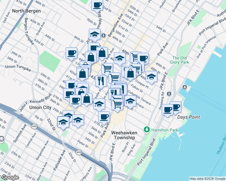 map of restaurants, bars, coffee shops, grocery stores, and more near 115 43rd Street in Union City