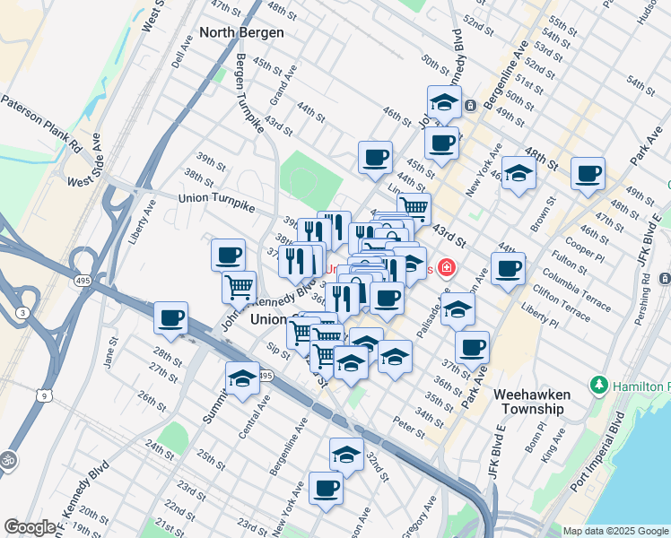 map of restaurants, bars, coffee shops, grocery stores, and more near 534 38th Street in Union City