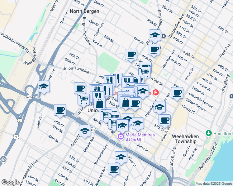 map of restaurants, bars, coffee shops, grocery stores, and more near 3700 John F. Kennedy Boulevard in Union City