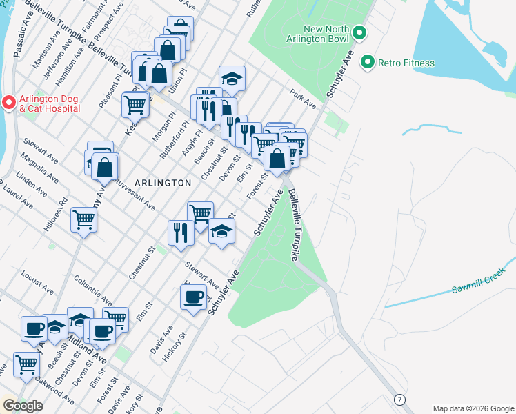 map of restaurants, bars, coffee shops, grocery stores, and more near 853 Schuyler Avenue in Kearny
