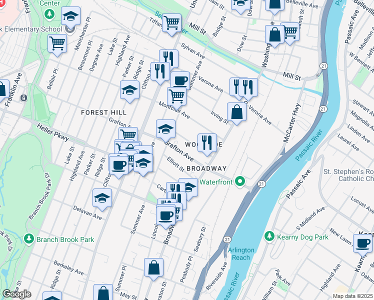 map of restaurants, bars, coffee shops, grocery stores, and more near 118 Grafton Avenue in Newark