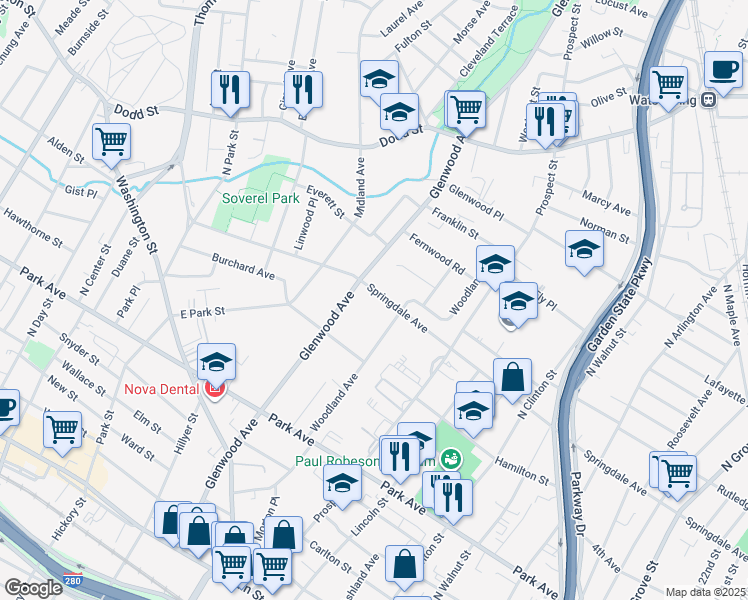 map of restaurants, bars, coffee shops, grocery stores, and more near 561 Springdale Avenue in East Orange