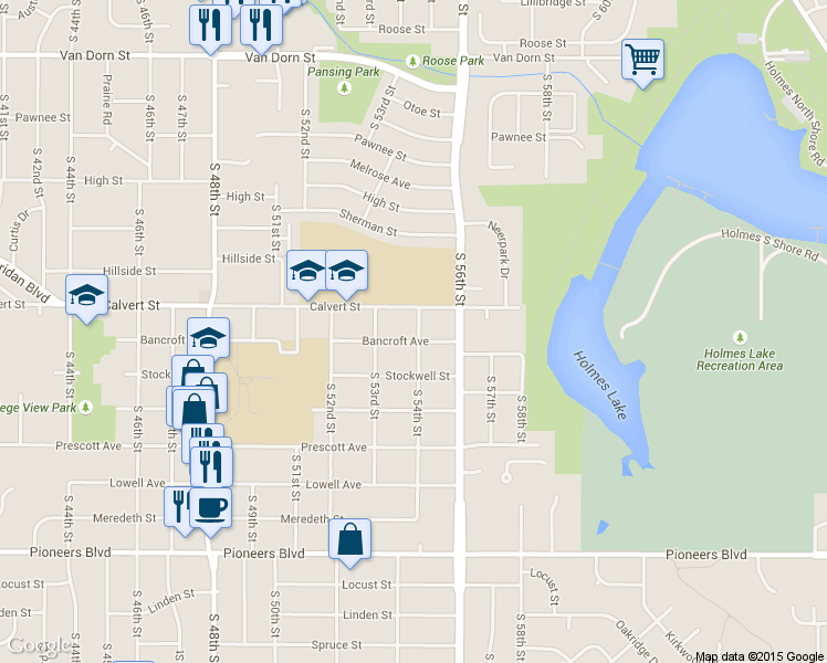 map of restaurants, bars, coffee shops, grocery stores, and more near 5334 Bancroft Avenue in Lincoln