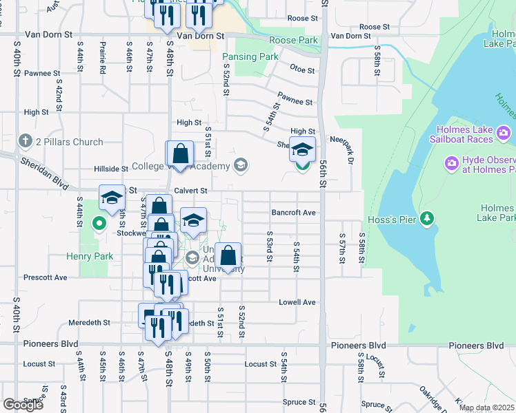 map of restaurants, bars, coffee shops, grocery stores, and more near 5247 Bancroft Avenue in Lincoln