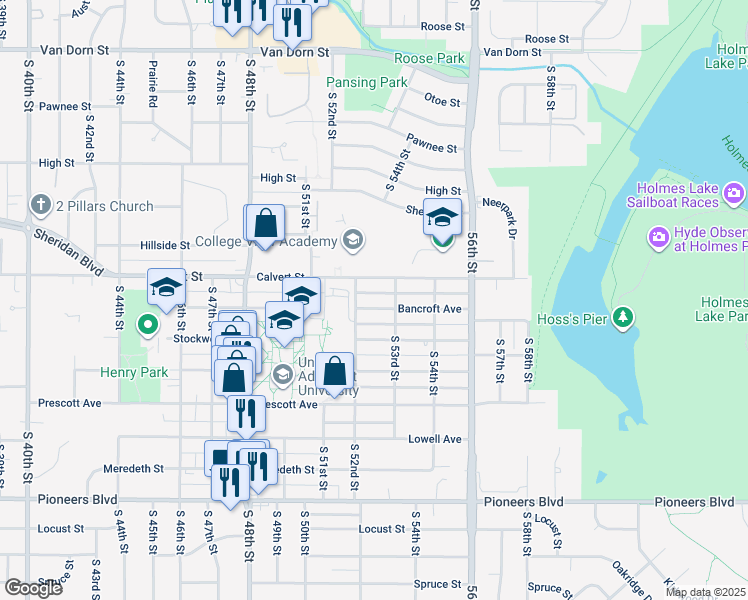 map of restaurants, bars, coffee shops, grocery stores, and more near 5247 Bancroft Avenue in Lincoln