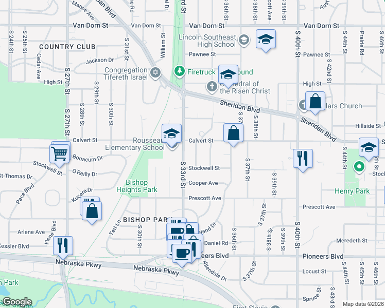 map of restaurants, bars, coffee shops, grocery stores, and more near 3701 South 34th Street in Lincoln
