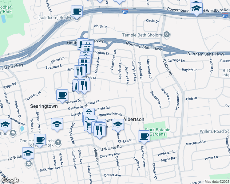 map of restaurants, bars, coffee shops, grocery stores, and more near 99 Netz Place in Albertson